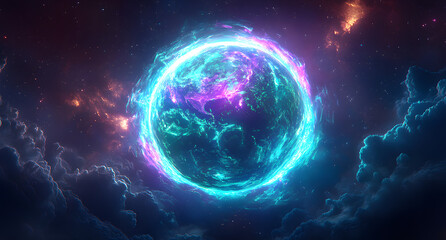 Obraz premium A glowing, vibrant Earth encircled by swirling, neon energy, set against a dark, futuristic backdrop. The image evokes themes of global connection and technological advancement.