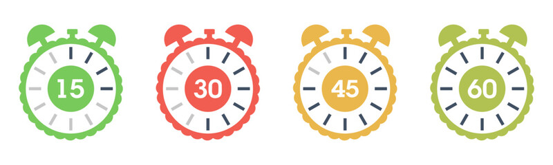 Colorful Timer Icons – 15, 30, 45, 60 Minute Stopwatch Clock Symbols