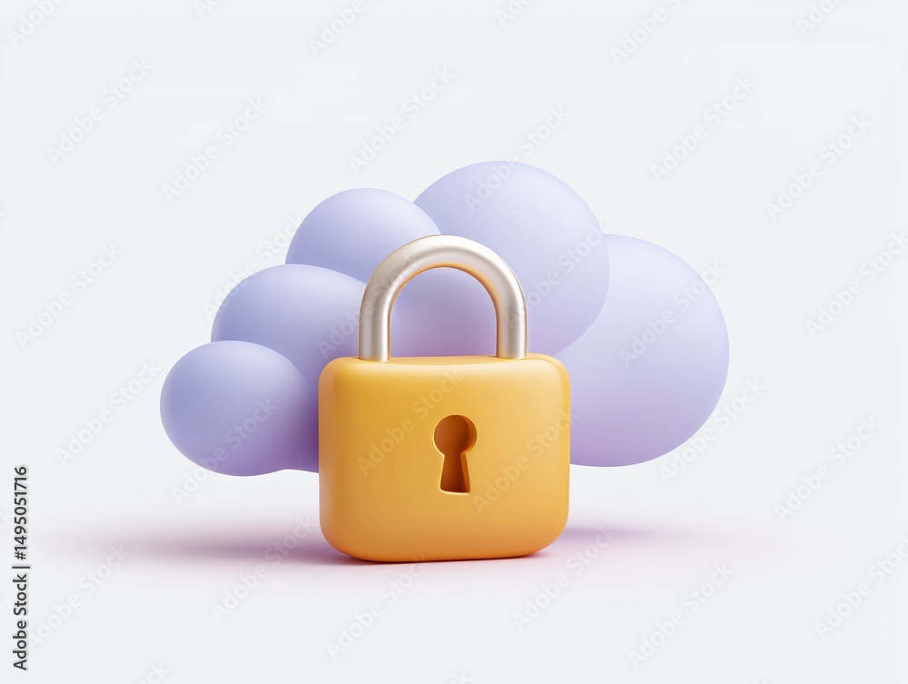 Poster flat vector of a secure file transfer icon with lock and cloud, white background
