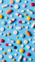 Colorful assortment of pills and tablets scattered across a vibrant blue background, showcasing the variety of shapes, sizes, and textures in the world of pharmaceuticals and healthcare.