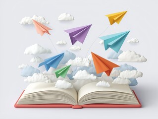Flat vector open book with flying paper planes labeled dreams, ideas, and growth, white background