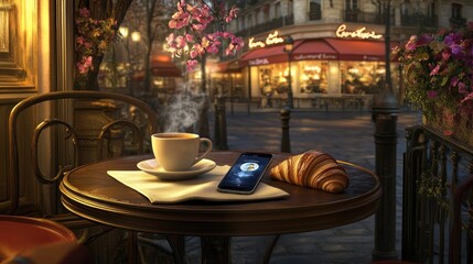 Fototapeta premium Parisian caf? scene at dusk with coffee, croissant, and phone