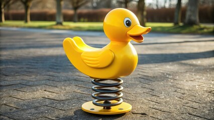 A yellow duck-shaped spring rider playground toy stands on a paved surface in a sunny outdoor park.