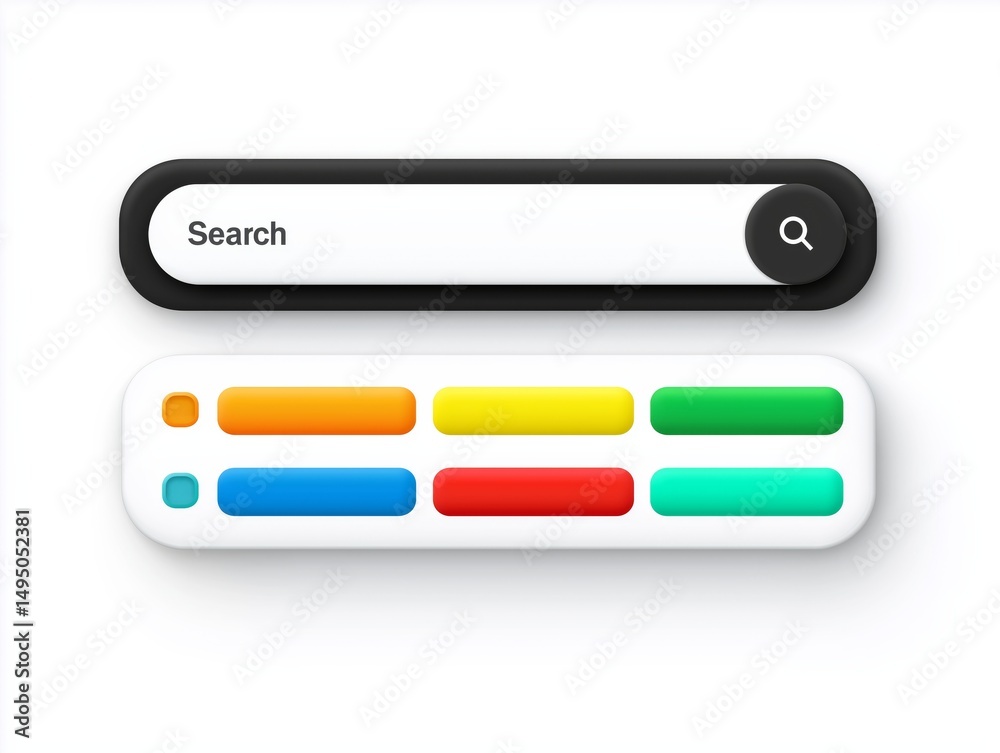 Poster flat vector search bar ui with predictive text dropdown, clean interface, white background