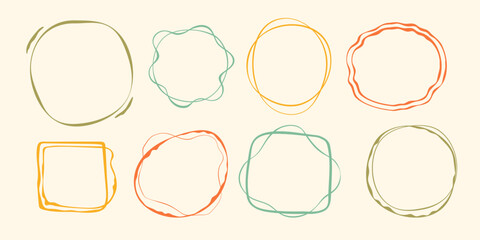 Wavy stamp frame set, vector hand drawn curved borders, abstract wiggle empty wavy curly monograms cadres kit. Minimalist squiggle scribble swirl design elements. Isolated. Vector illustration.