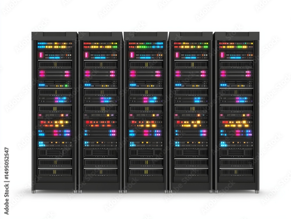 Poster flat vector server rack with blinking indicator lights, data infrastructure theme, white background