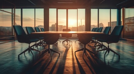 Fototapeta premium Empty conference room at sunrise. Cityscape view