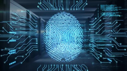 In a state-of-the-art data center, a glowing digital fingerprint represents advanced biometric identification technology. - Powered by Adobe