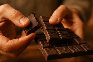 Close-up of hands breaking a piece of chocolate from a bar.