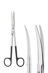 Curved Surgical Scissors Made of Stainless Steel, with distinctive black ring handles – Medical Instrument Close-Up on White Background for Healthcare and Surgical Use, Set of photos