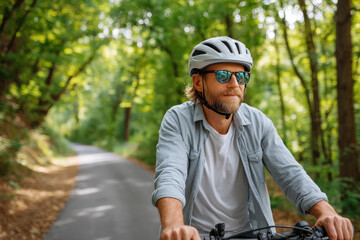 Obraz premium Male cyclist in helmet and sunglasses rides along a serene forest path, surrounded by vibrant trees and natural light, capturing the essence of outdoor exploration
