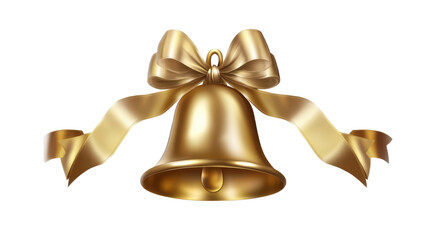 Shiny Gold Christmas Bell with Decorative Gold Ribbon Isolated on White Background for Festive, Holiday, and Seasonal Design Projects
