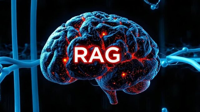 Retrieval-Augmented Generation (RAG) visualized on glowing brain, symbolizing hybrid AI model with memory