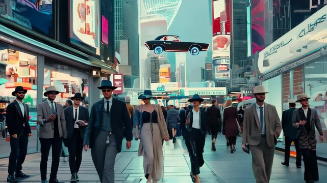  Business crowd see flying car hover above skyline, future city mixes retro style and tech, people dream of future city freedom, clip sparks future city mobility  concept innovation vision