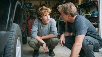 Father-Son Bonding in Garage: A poignant moment unfolds as a father and son share a moment together near a car in a garage setting, with a natural, candid atmosphere. - Powered by Adobe