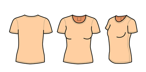 Template, pattern of women's short-sleeve T-shirt. T-shirt on mannequins, three views. Vector graphic flat illustration with editable stroke lines. Isolated on white background.