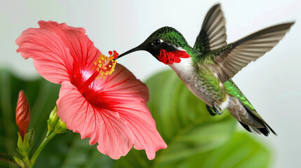 Hummingbird Hovering Near Vibrant Pink Hibiscus Flower with Lush Green Leaves in Background Captured in Natural Setting