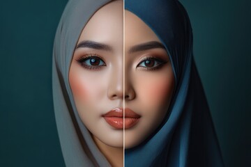 Naklejka premium Split Portrait: Sabahan Woman in Hijab, Before & After Lighting/Color Grading, Beauty Comparison.