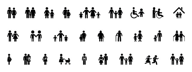 Family, relationship icon set. Glyph pictogram of couple, parent, child, elderly people, pregnancy, single mother, parenting, community, social care black silhouette. Vector illustration.