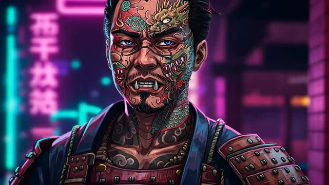 Digitally Enhanced Portrait Of A Tattooed Man With Samurai Armor In Cyberpunk Nighttime Scene