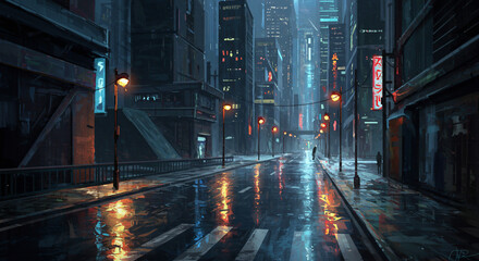 Obraz premium Rain-Slicked City Street: The heart of the city comes alive under a rainy night, the slick streets reflect the neon lights of towering buildings creating a futuristic scene.