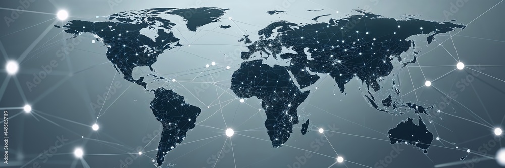 Poster global network connections visualized through a dark world map with glowing nodes and lines represen