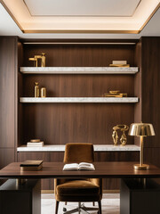 High-end home office with dark wood desk, velvet reading chair, designer lighting, and elegant modern decor – perfect for luxury lifestyle, productivity, and stylish interiors.

