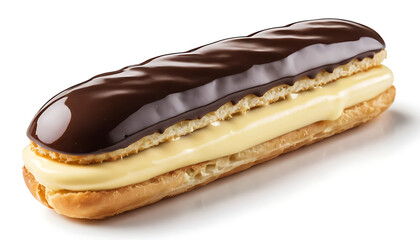  Glossy chocolate éclair with smooth dark chocolate glaze, filled with creamy vanilla custard
