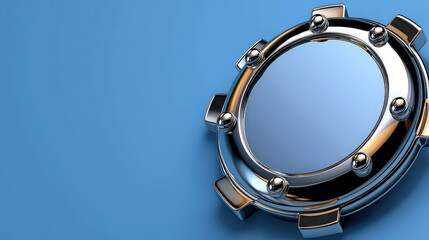 Obraz premium Chrome metallic porthole design with rivets and reflective surface is shown on a bright blue background creating a visually appealing industrial illustration.