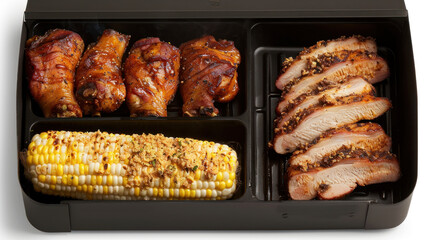 Grilled Chicken Drumsticks and Sliced Breast with Corn on the Cob on Modern Serving Tray