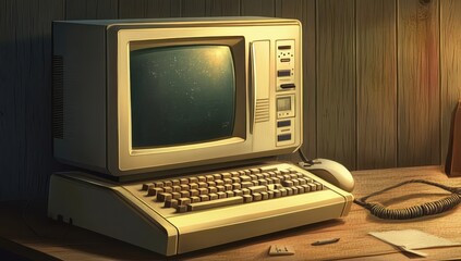 Vintage computer on wooden desk in a dimly lit room