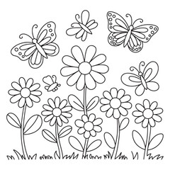 Butterflies and Flowers Line Art Coloring Page – Peaceful Garden Scene Illustration