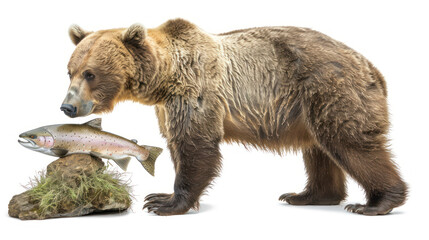 Fototapeta premium Grizzly bear standing near salmon fish with rock and grass isolated on white background for wildlife and nature photography projects