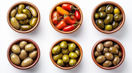 Overhead shot showcases an array of pickled olives and peppers in wooden bowls against a clean white backdrop, ideal for culinary or appetizer presentations.
