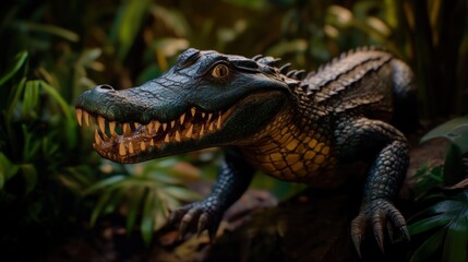 Fototapeta premium Dark teal alligator in jungle setting