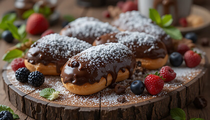  Glossy chocolate éclair with smooth dark chocolate glaze, filled with creamy vanilla custard