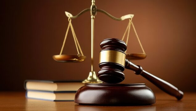 Golden scales and wooden gavel on a table with books