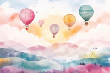 Obraz premium Watercolor illustration of hot air balloons over pastel hills with sun rays and soft clouds