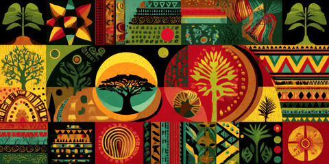 Colorful collage showcasing African-inspired designs with trees and geometric patterns, reflecting cultural significance and celebration of heritage and unity in various festivities