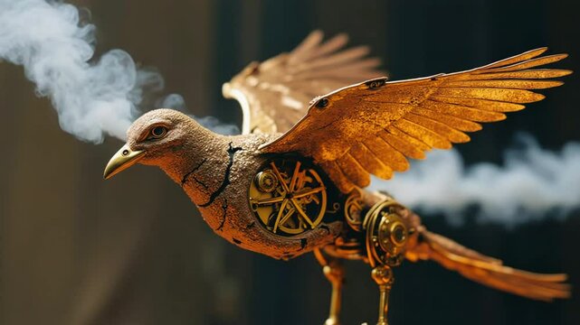 Intricate steampunk mechanical bird with smoking wings and exposed clockwork gears