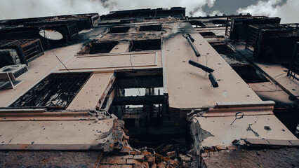 ruined street and destroyed houses the city war in Ukraine