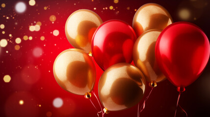 Red and gold balloons floating gracefully against a shimmering bokeh background, creating a vibrant and festive atmosphere perfect for celebrations