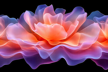 Abstract, translucent, layered floral form in gradient hues of orange, purple, and blue, contrasted against a black background