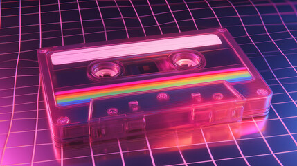 Retro cassette tape on a grid with neon pink and blue lighting effect