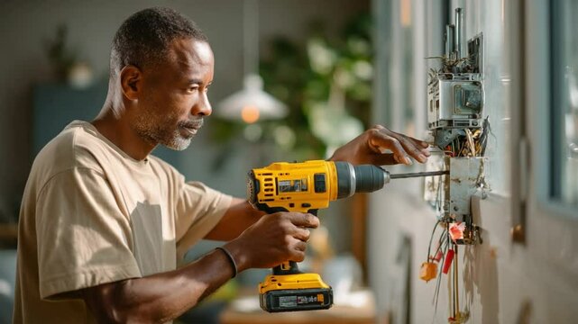 The Handyman's Precision: An experienced handyman focused on his craft, skillfully using a power drill, to fix a home hardware component with expertise.
