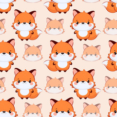 Seamless template with cartoon fox in chibi style full size and muzzle. Repetitive kawaii animal mascot for kids design. Child character concept for children's products. Design for textiles