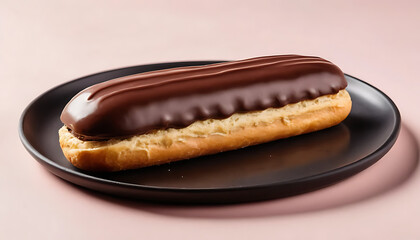  Glossy chocolate éclair with smooth dark chocolate glaze, filled with creamy vanilla custard