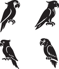 Black and White Parrot Silhouettes in Various Poses