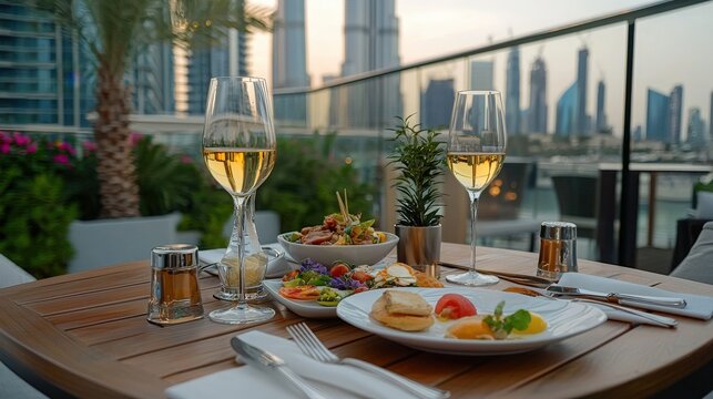 A beautifully set table on a rooftop terrace offers a fine dining experience with glasses of white wine and appetizers overlooking a stunning cityscape at sunset.