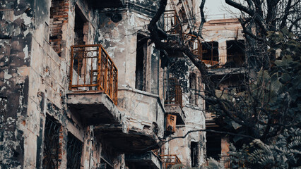 ruined street and destroyed houses the city war in Ukraine